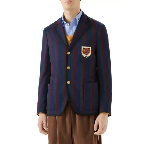 Gucci Mens Blue Green Burgundy Striped Tiger Patch Blazer Jacket $2900, Size 48 - Picture 1 of 8